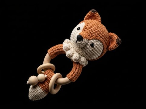 Crocheted fox teether toy with wooden rings