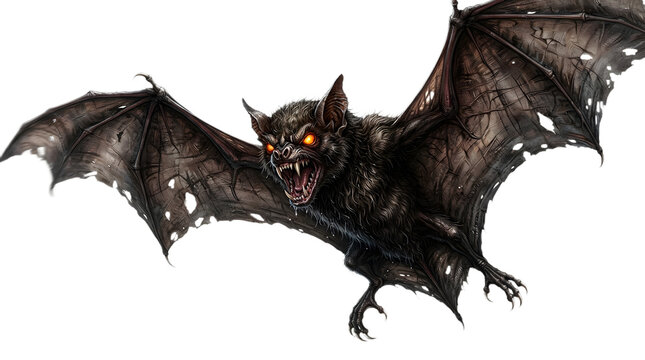 Fierce vampire bat with glowing eyes isolated on transparent background