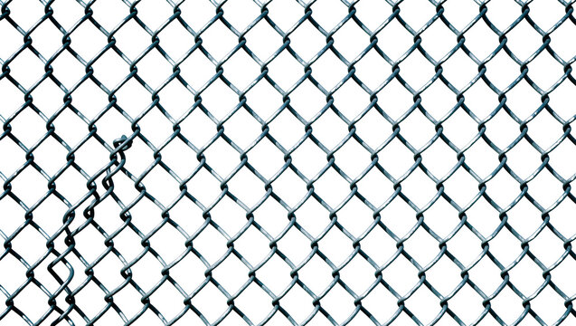 Damaged chain-link fence with bent metal wires, isolated on transparent background