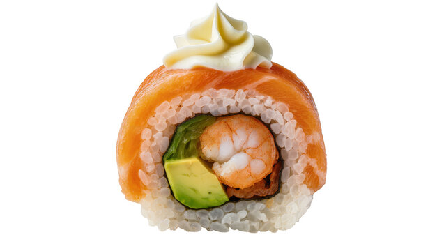 Salmon and shrimp sushi roll with avocado and cream cheese, isolated on transparent background