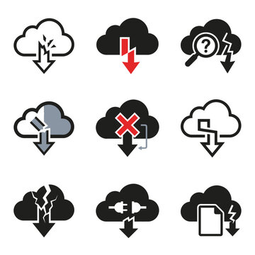 Flat Iconastudio Black Icon of Cloud Download Interrupted by Broken Arrow 404 Not Found Concept White Background V4 U0Pw6T 2X Editable Vector Graphic