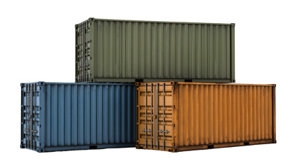 Fototapeta premium Three stacked shipping containers in blue orange and green, isolated on transparent background