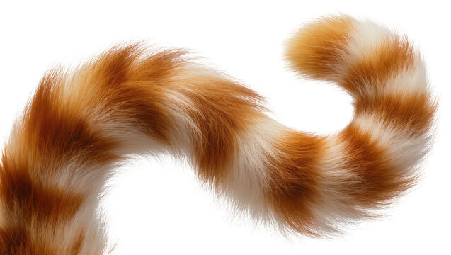Fluffy ginger and white striped cat tail curled elegantly, isolated on transparent background