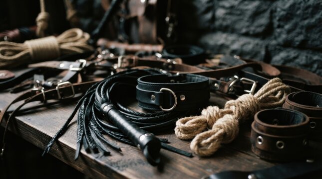 Assorted Leather and Rope Gear on Wooden Table