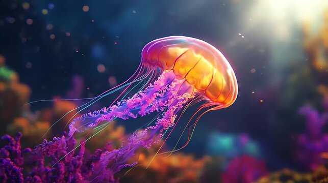 Vibrant jellyfish swims in illuminated water with colorful tentacles