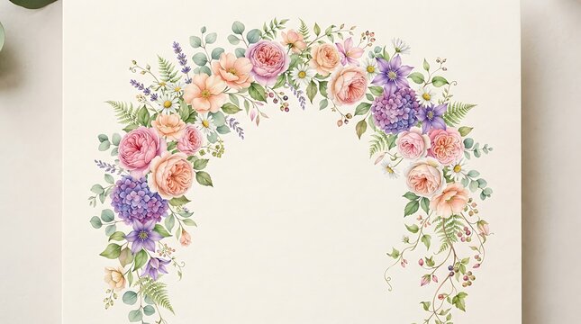 Watercolor floral arch frame with roses and hydrangeas