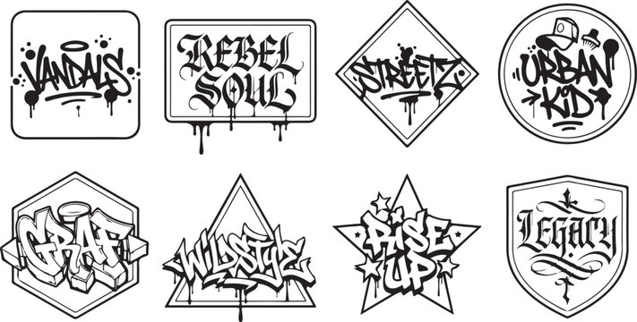 Graffiti art logos set rebel soul urban street style emblems and badges for t shirts stickers banners and posters typography spray paint.