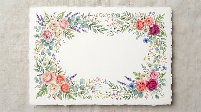 Watercolor floral frame with roses, daisies, and lavender