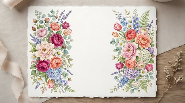 Watercolor floral border frame with pastel spring flowers and greenery