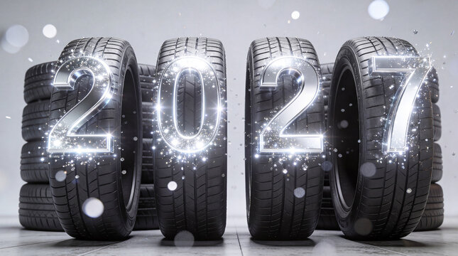 Illuminated silver numbers 2027 against a wheels background. New Year and Christmas. Festive concept for tire shops, car dealerships, and auto repair shops