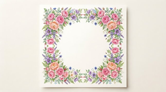 Watercolor floral square frame with pink roses and purple flowers isolated on white background