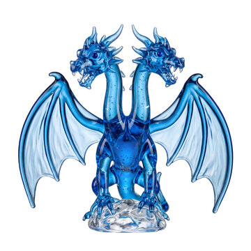 Two-headed blue blown glass dragon figurine, dual headed transparent glass creature sculpture, clear design element isolated on transparent background