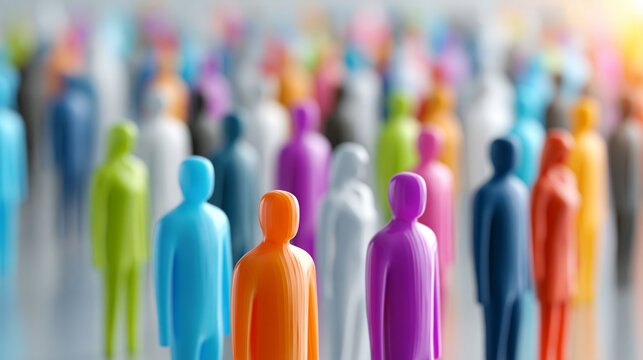 Large group of brightly colored abstract figures symbolizing unity and individuality within a bustling crowd, with copy space
