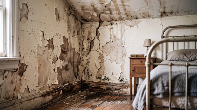 Abandoned bedroom with cracked walls and black mold growth