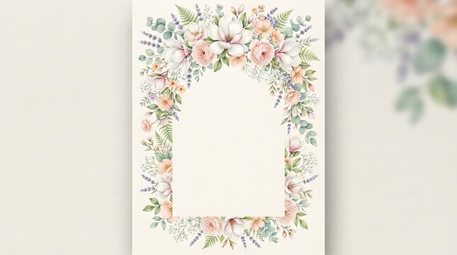 Watercolor floral arch frame with pink roses and white magnolias