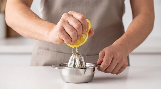 Man squeezing fresh lemon juice using metal citrus juicer  