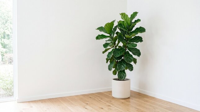 Minimalist room corner with lush green fiddle leaf fig plant