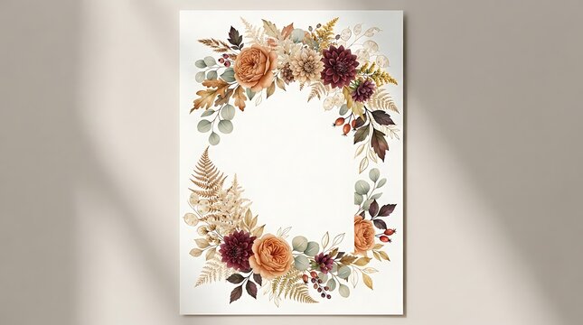 Autumn floral frame with watercolor roses and dahlias isolated on white background