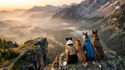 Fototapeta premium Dog Expedition Team Overlooking Vast Mountain Valley