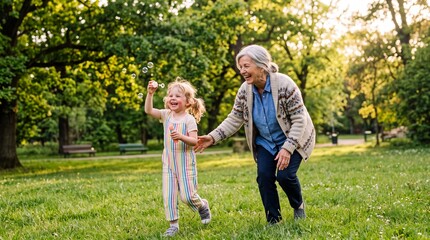 Fototapeta premium Happy grandmother and granddaughter playing with bubbles in the park
