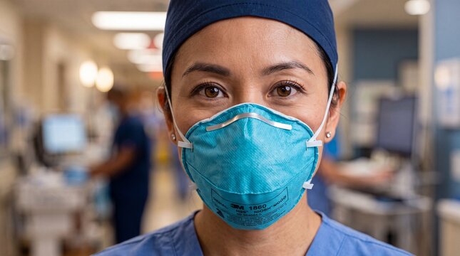 Female healthcare worker wearing a protective respirator mask
