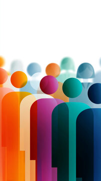 Row of abstract people icons changing colors, symbolizing diversity and individual identity within a group, minimalist design on white background, with copy space