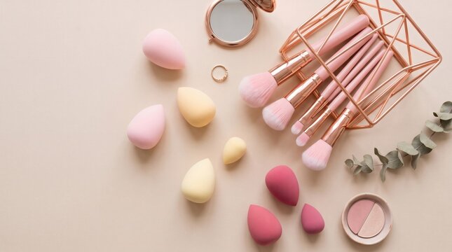 Aesthetic flat lay of makeup brushes, sponges, and compact powder on a neutral background.