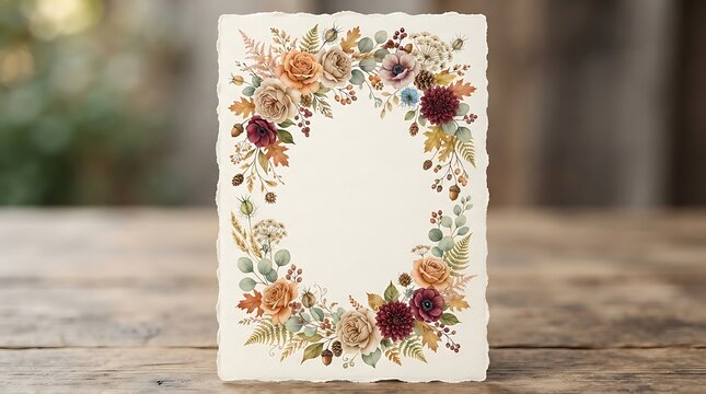 Autumnal floral wreath frame on textured paper