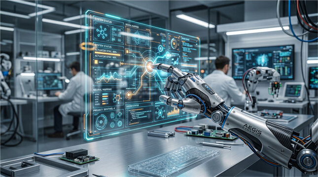 Robotic arm interacting with digital interface. Advanced AI technology in modern laboratory.
