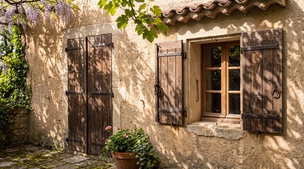 Fototapeta premium Rustic stone house facade with wooden shutters and blooming wisteria
