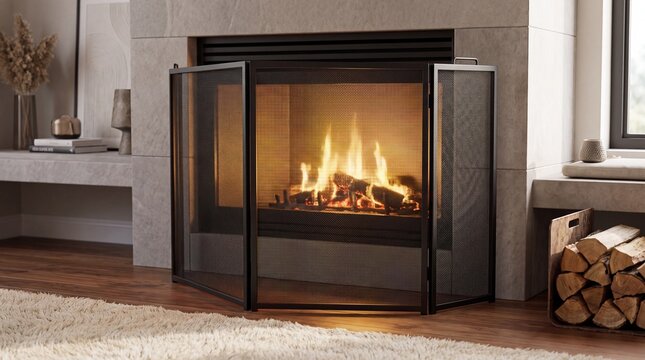 Black metal fireplace screen with firewood in modern living room  