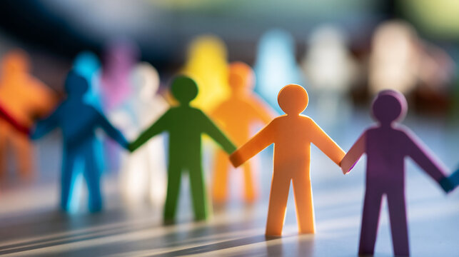 Diverse community of colorful paper cutout figures holding hands together, unity and inclusion symbolism, with copy space