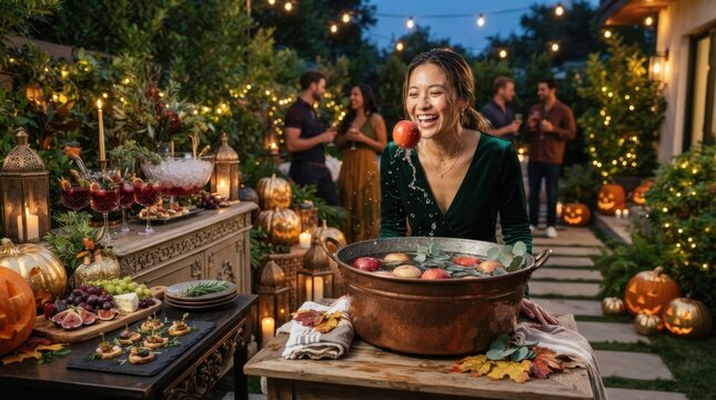 Woman playing bobbing for apples at a festive Halloween garden party at dusk