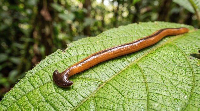 Brown flatworm crawling on a large green leaf in a lush forest.
