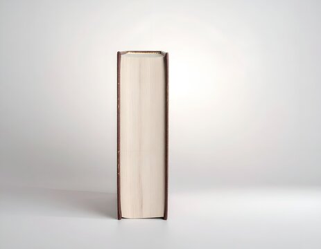 Thick hardcover book standing upright on a minimalist white surface