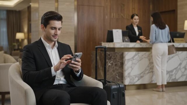 Professional businessman relaxes in a luxurious hotel lobby, engaging with his mobile phone while a guest checks in at the elegant reception desk, highlighting modern connectivity and hospitality