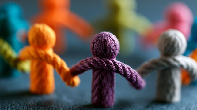 Abstract rope figures arranged in a circle, symbolizing unity and teamwork, vibrant colors, close-up artistic concept, with copy space
