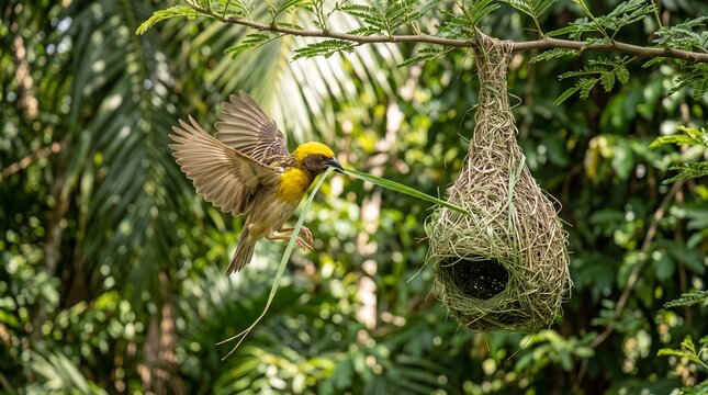 Yellow weaver bird building its intricate nest in the jungle