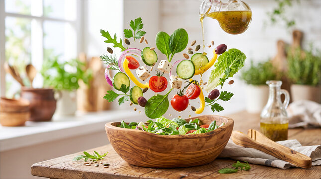 Fresh salad ingredients flying into a wooden bowl. Healthy vegetables tossed for dressing.