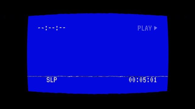 4k Retro vhs play blue screen background with glitch effects. VHS tape playing with white PLAY text. Vintage VHS play screen overlay with retro static lines and analog tape noise.