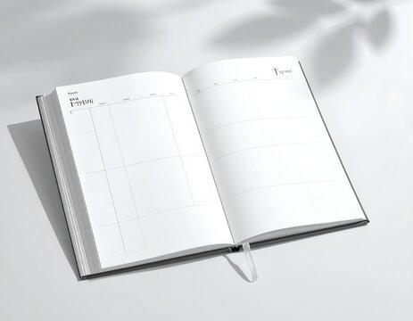 Open blank planner notebook with a ribbon bookmark on a clean white background