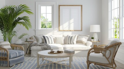 Fototapeta premium Bright Scandinavian-style Living Room with White Walls, Large Windows, and Wicker Furniture Arrangement
