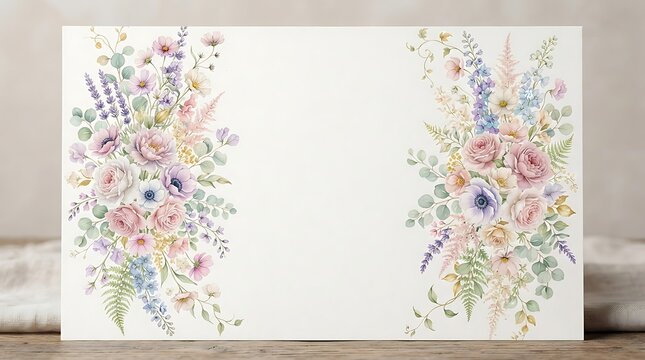 Watercolor floral border arrangement with pastel flowers isolated on white background