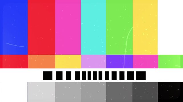 Retro simple television test pattern with vibrant color bars and a detailed grayscale gradient