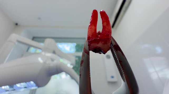 A bloody extracted tooth hovers terrifyingly in metal forceps above me in the dental clinic. Looking up at the gruesome sight brings a shocking mix of horror and relief.