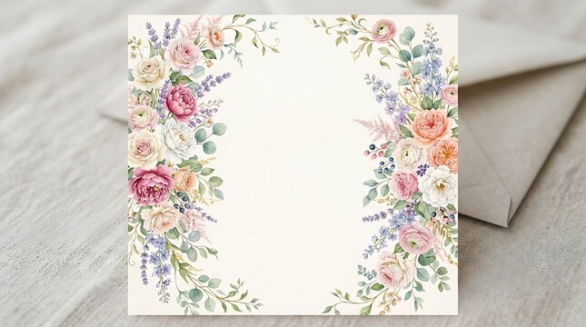 Watercolor floral wedding invitation frame with pastel roses and lavender