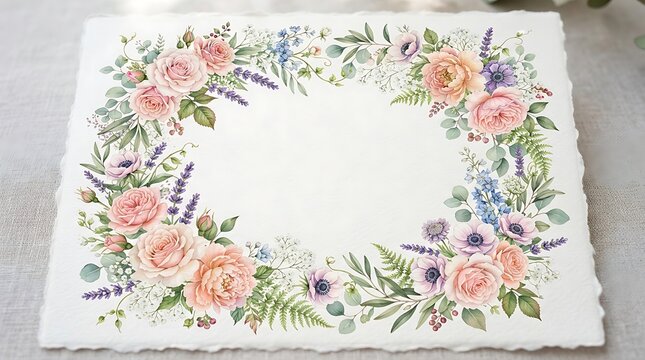 Watercolor floral frame with pink roses and lavender