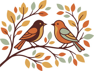 Fototapeta premium Two cute birds perched on a curved tree branch surrounded by colorful autumn leaves in a fall season illustration