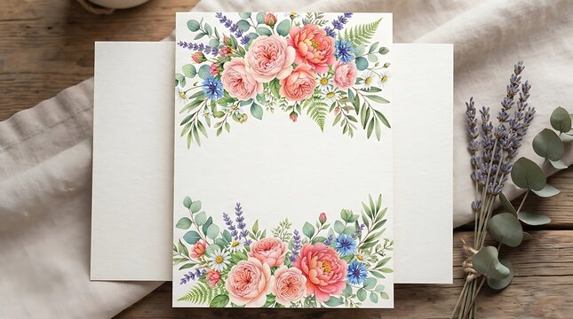 Watercolor floral wedding invitation card template with roses and lavender
