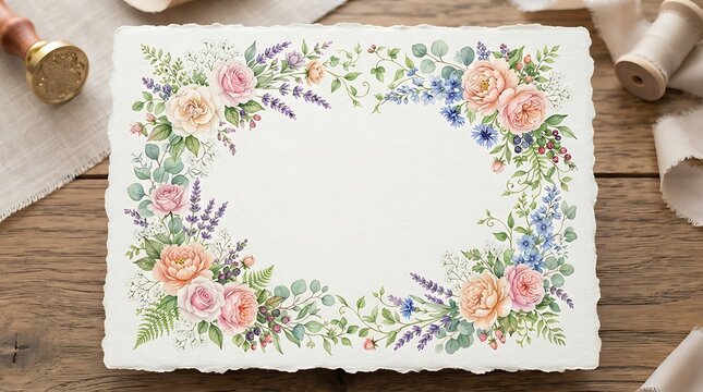 Watercolor floral frame with roses and lavender on textured paper